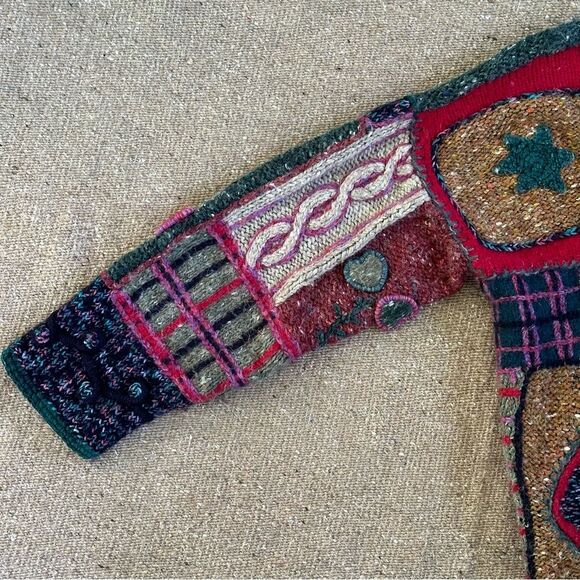 Vtg 90s Y2K Express Chunky Cardi Sweater Patchwork Wool Angora Blend Sz M Boho - Picture 7 of 11